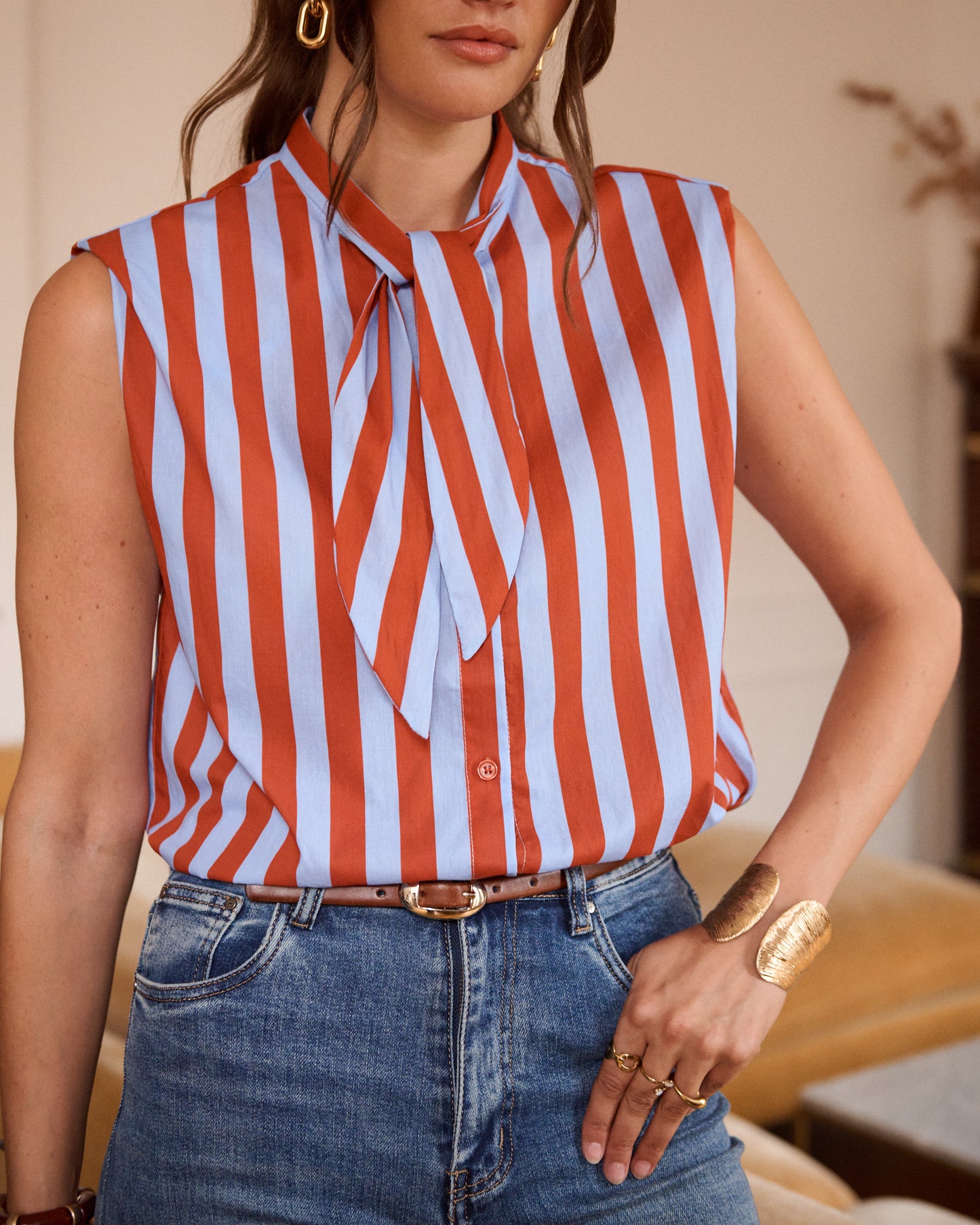 Cornflower Blue Stripe Tie-Neck Blouse