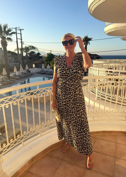 Cream Leopard Print Frill Sleeve Maxi Dress