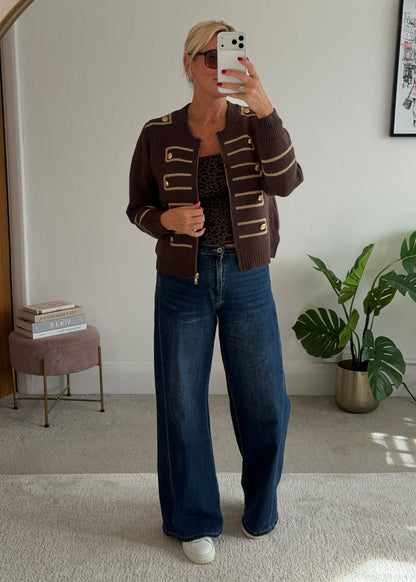 Chocolate Military Zip Front Knitted Cardi