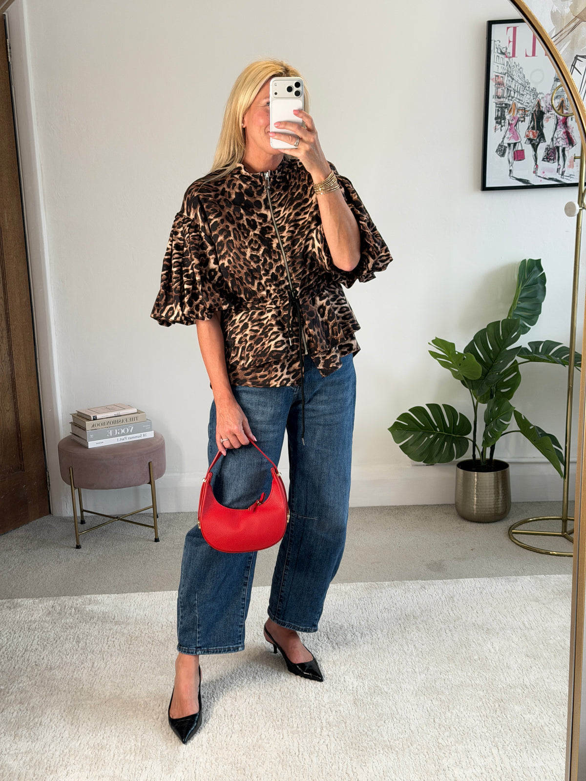 Leopard Balloon Sleeve Peplum Jacket