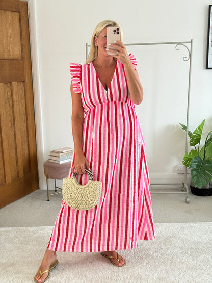 Pink/Red Stripe Cheesecloth Frill Sleeve Maxi Dress (Pre-Order)