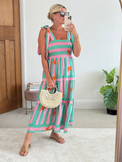 Green/Pink Gingham/Palm Shirred Maxi Dress
