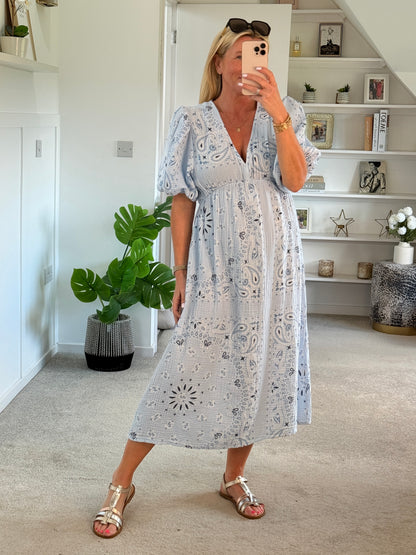 White Paisley Print Cheesecloth Midi Dress