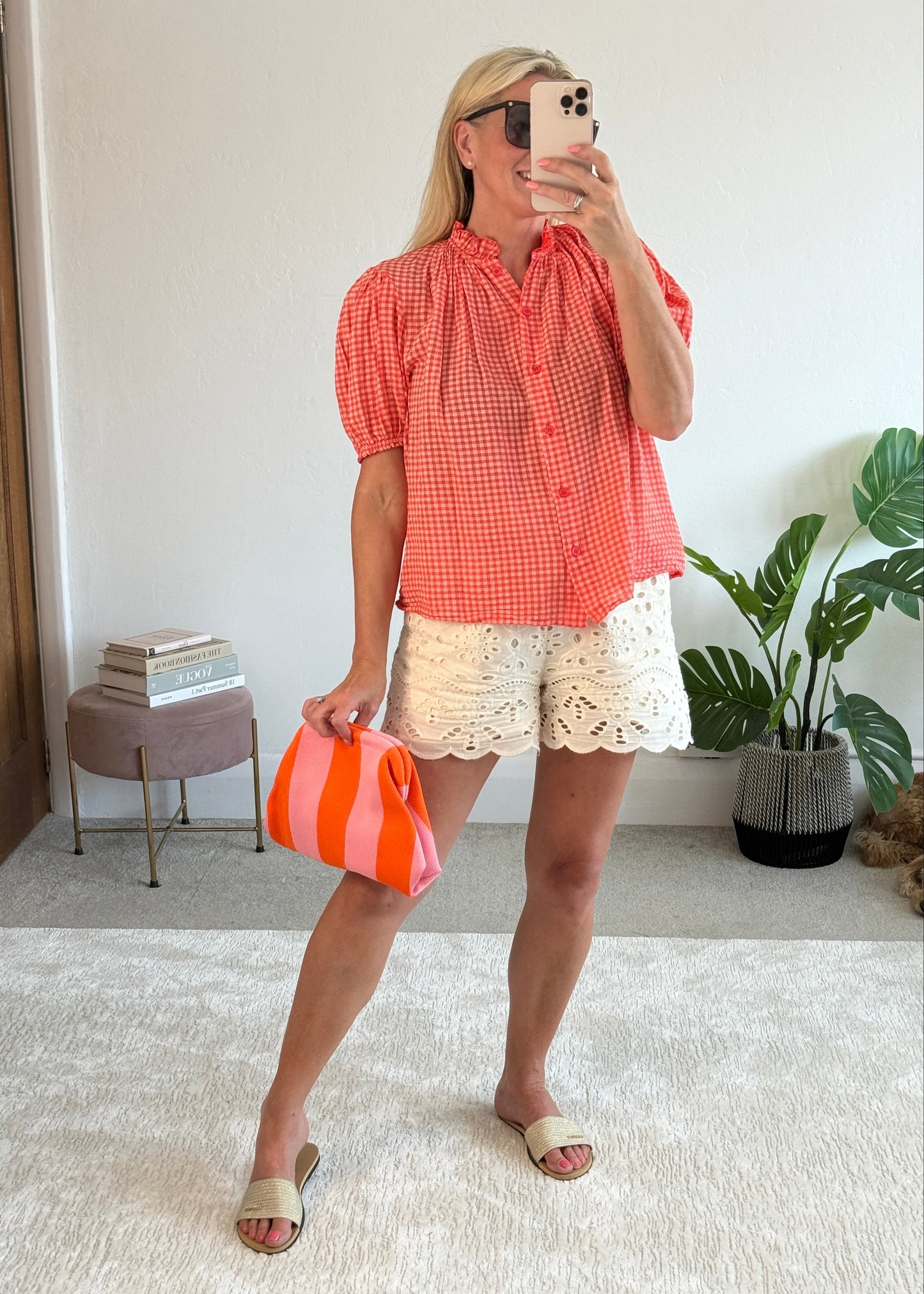Coral Gingham Puff Sleeve Blouse