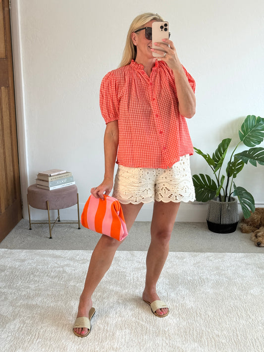 Coral Gingham Frill Sleeve Blouse