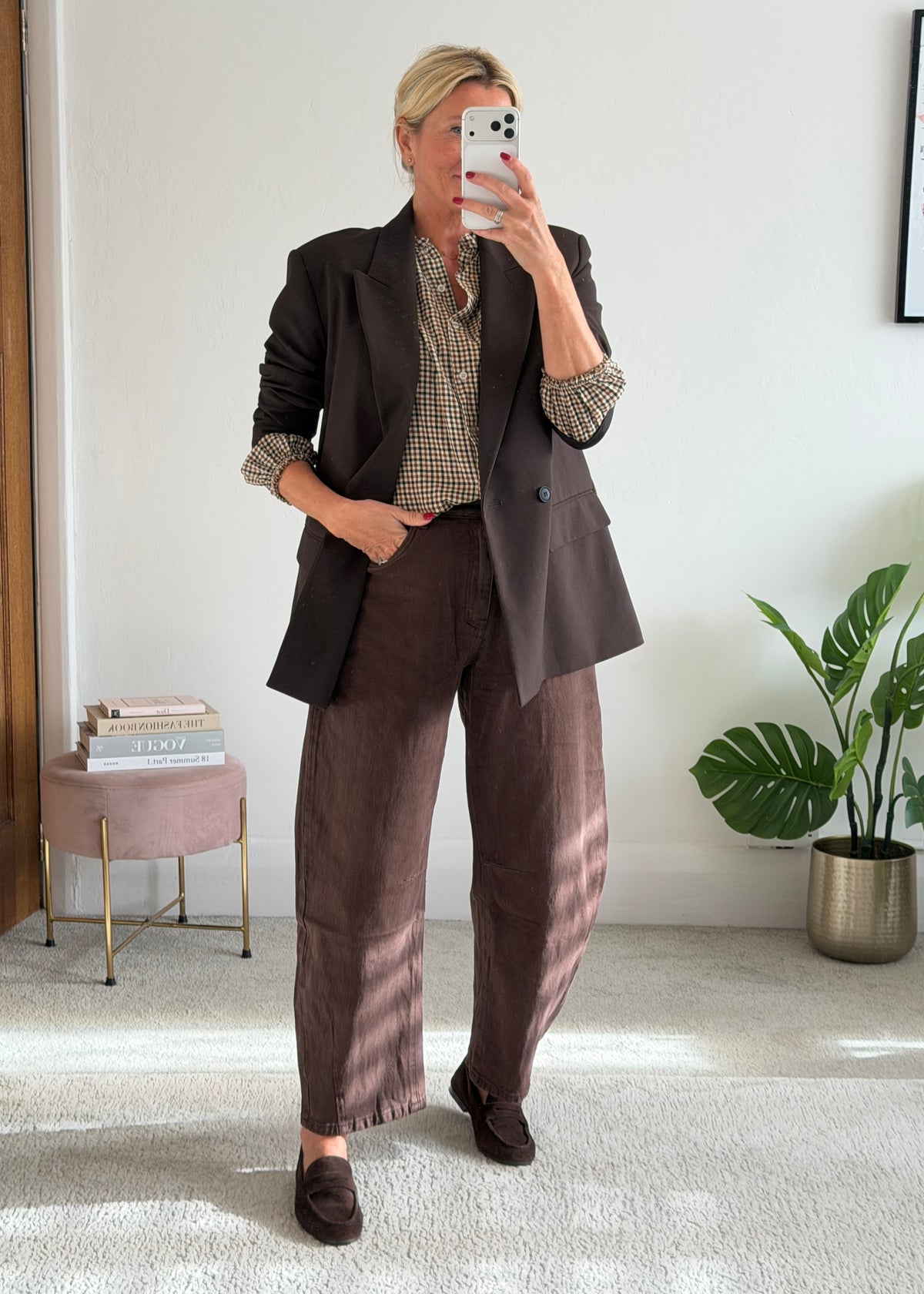Cream Heritage Check Frill Collar Blouse