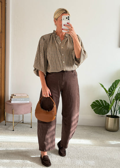 Cream Heritage Check Frill Collar Blouse