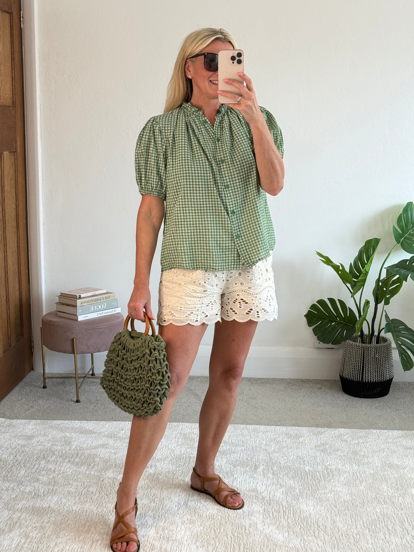 Khaki Gingham Frill Sleeve Blouse