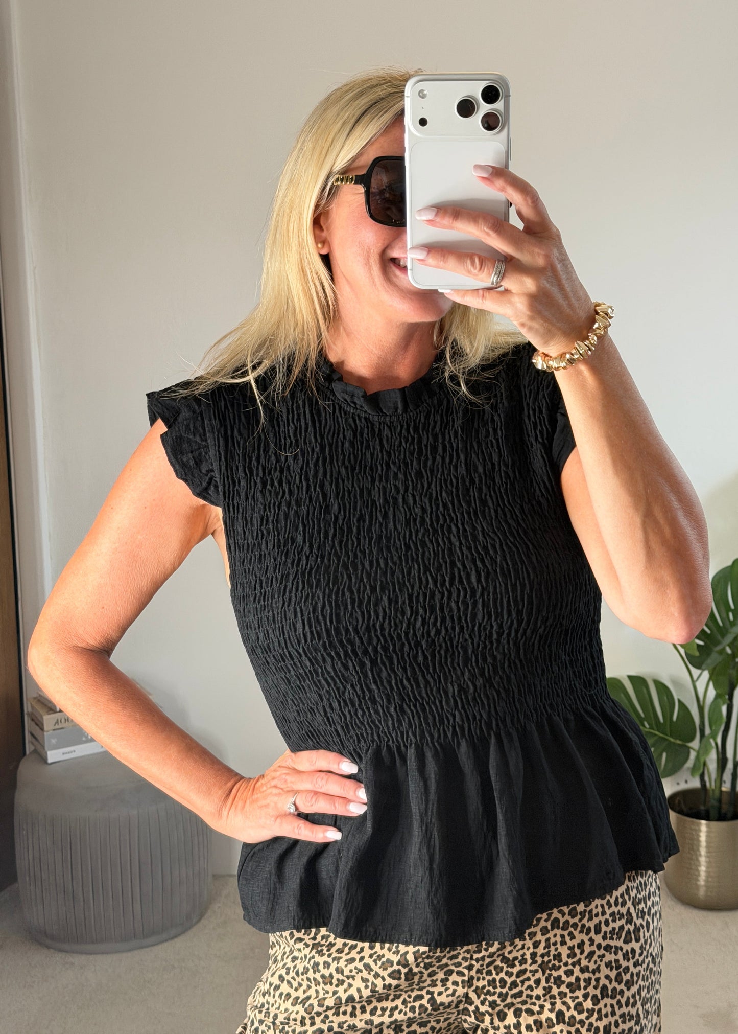 Black Smocked Peplum Top