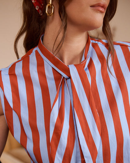 Cornflower Blue Stripe Tie-Neck Blouse