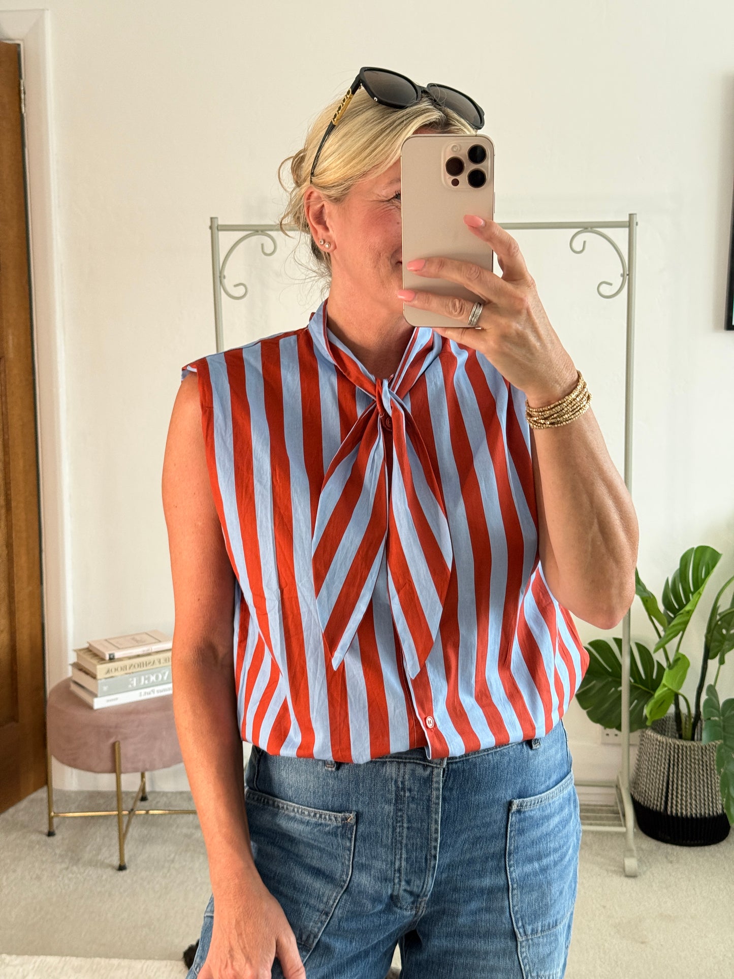 Cornflower Blue Stripe Tie-Neck Blouse