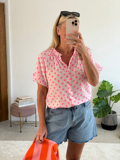 Hot Pink/Pink Polka Dot Frill Sleeve Blouse