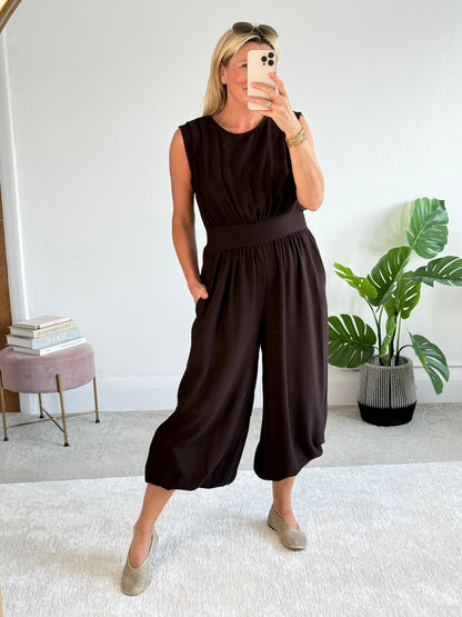 Chocolate Elasticated Sleeveless Harem Jumpsuit