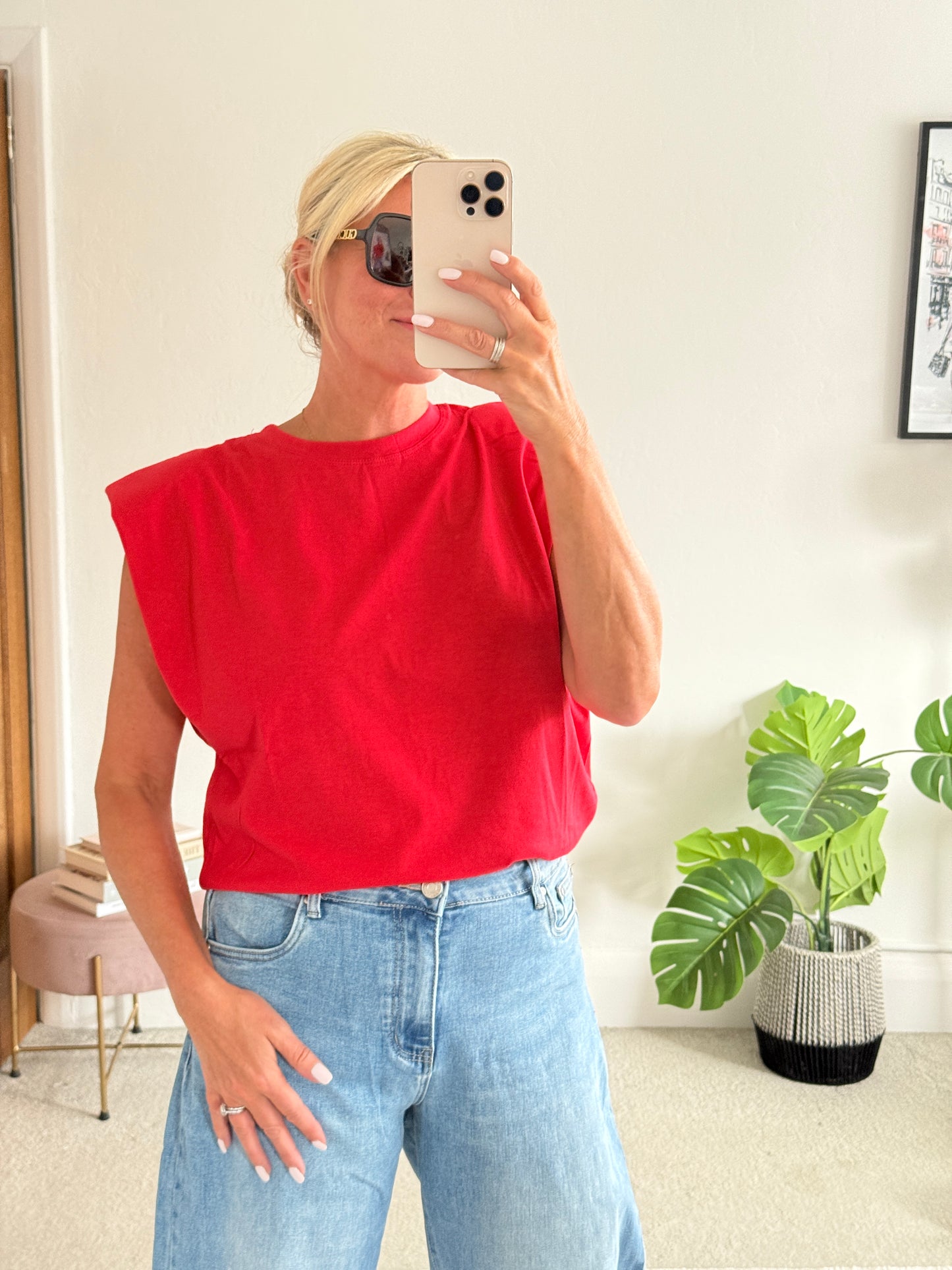Red Structured Shoulder T-Shirt