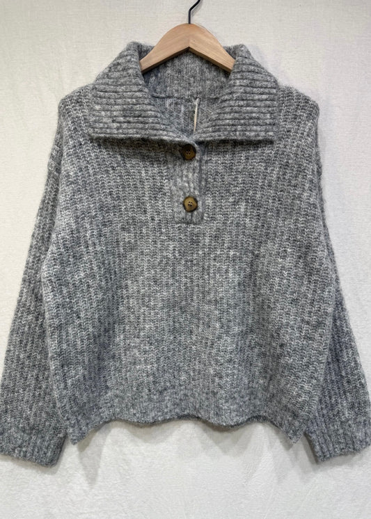 Grey Chunky Knit Button Collar Jumper