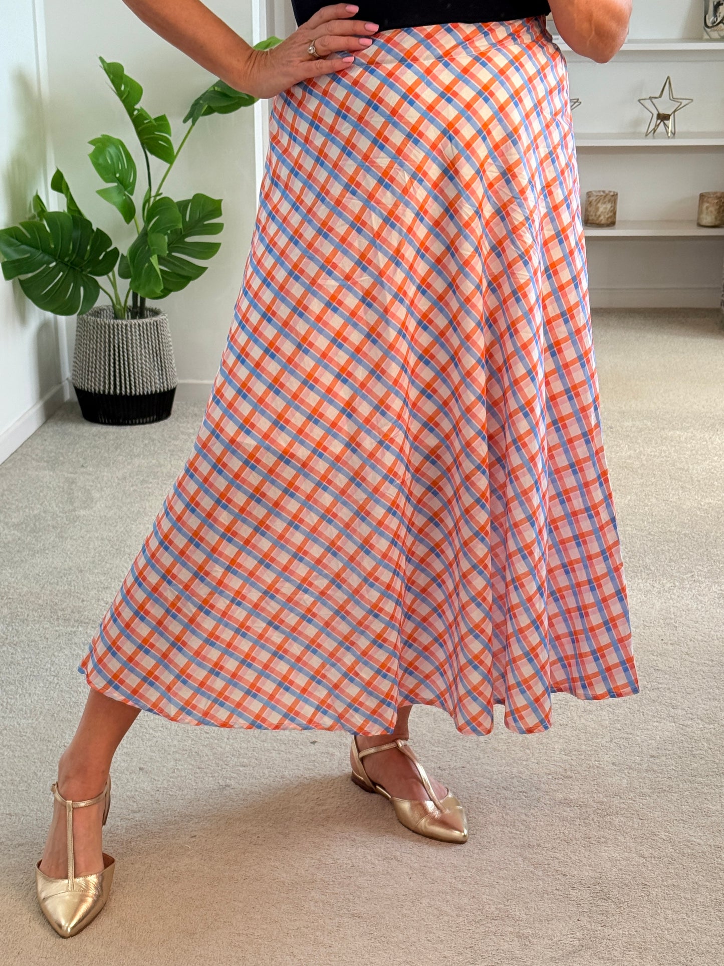 Orange/Blue Retro Check Flared Midi Skirt