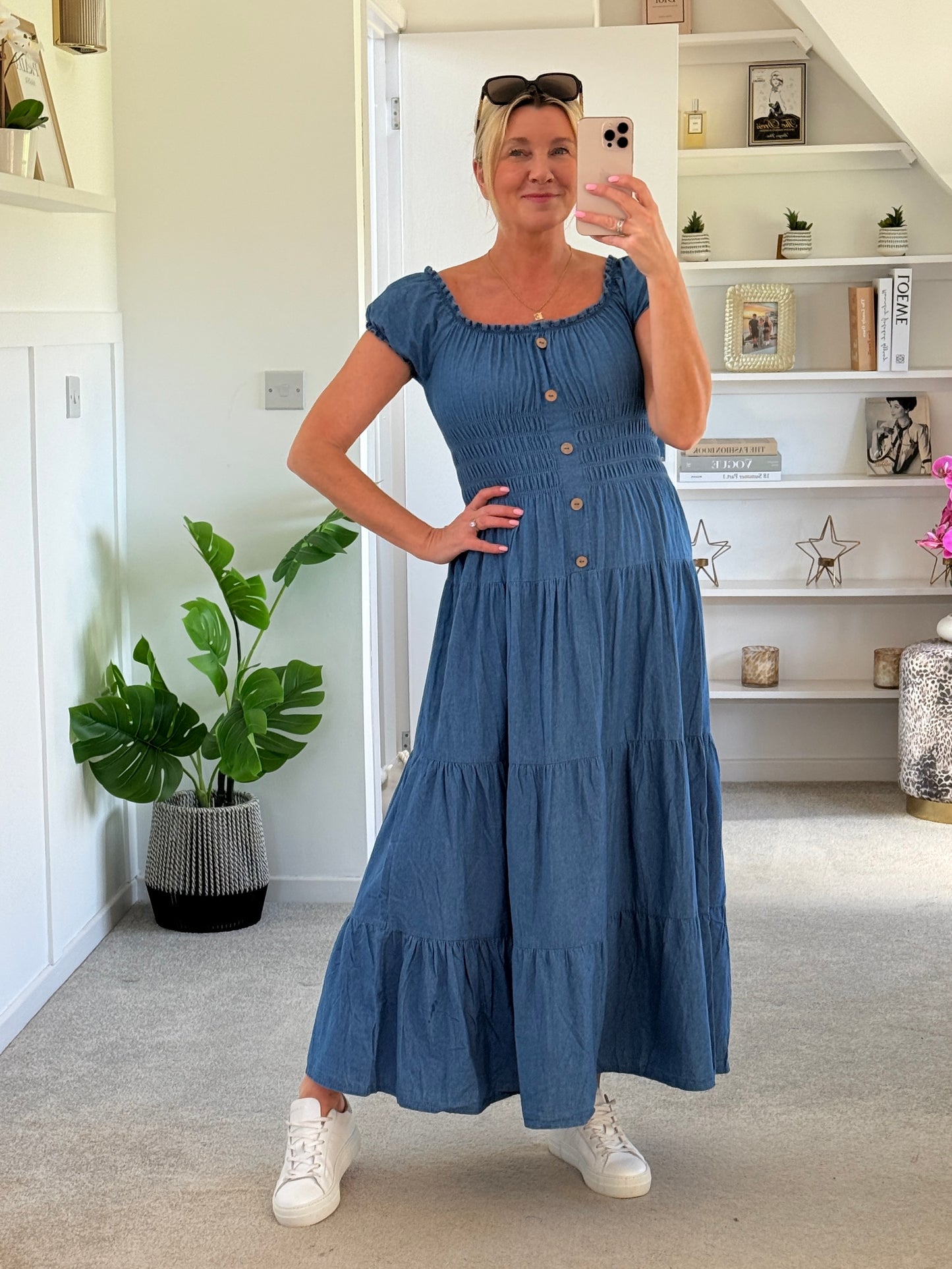 Blue Denim Bardot Tiered Maxi Dress