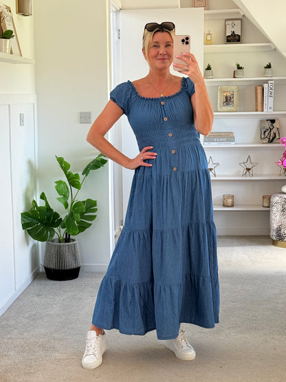 Blue Denim Bardot Tiered Maxi Dress