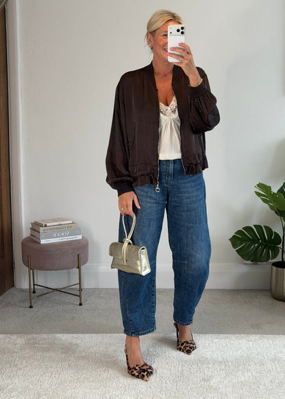 Chocolate Satin Drawstring Bomber Jacket