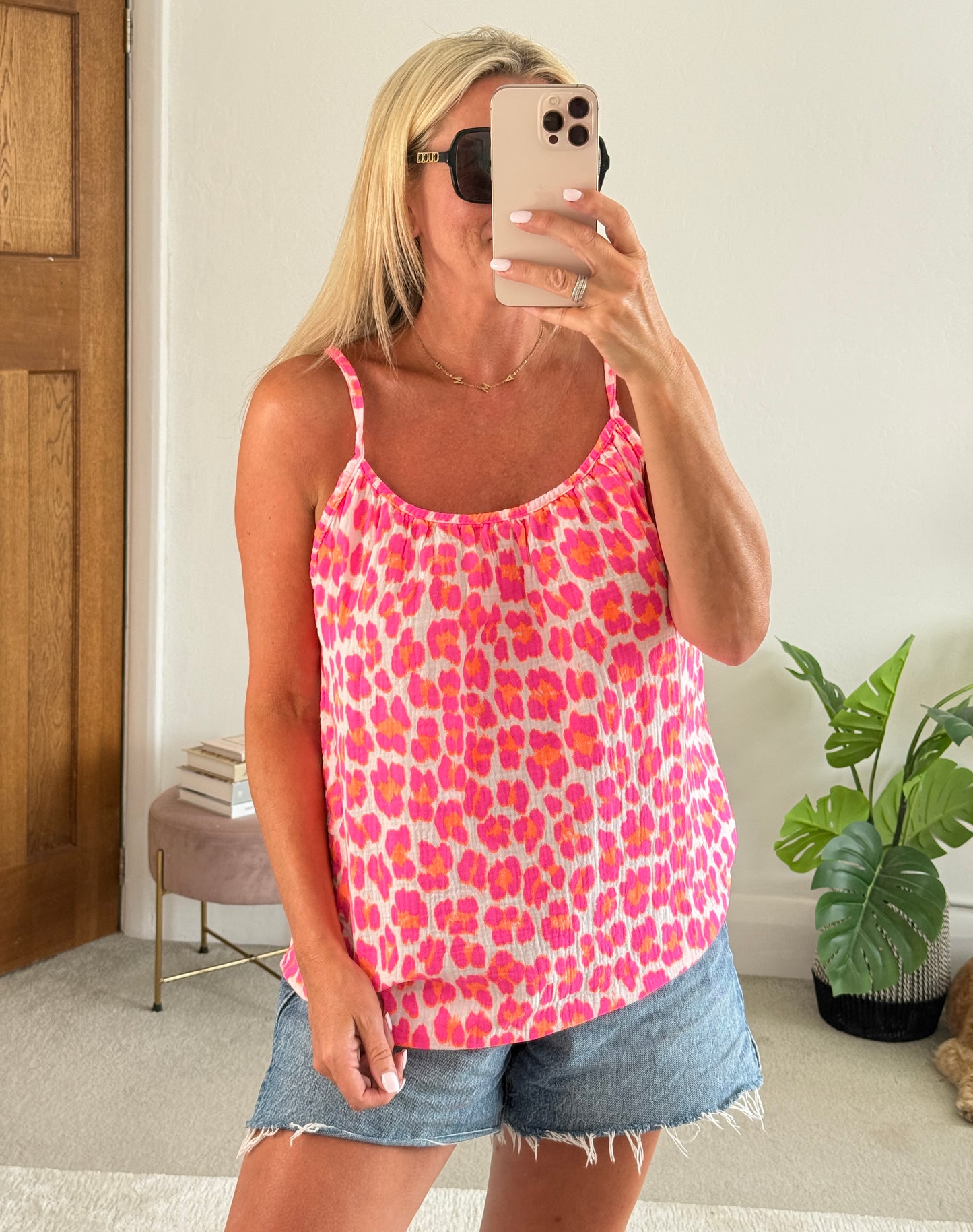 Pink/Neon Orange Leopard Print Cheesecloth Cami Top