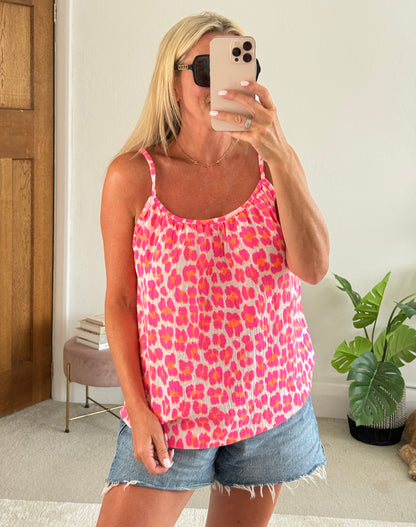 Pink/Neon Orange Leopard Print Cheesecloth Cami Top