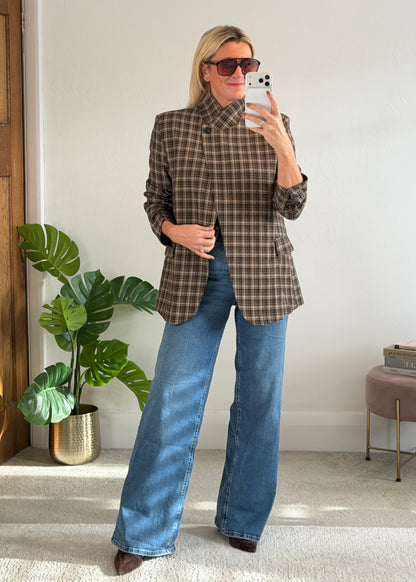 Taupe/Choc Check Asymmetric Button Blazer