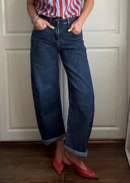 Dark Denim Barrel Leg Panel Jeans