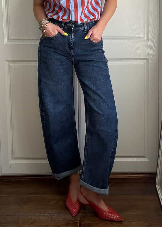 Dark Denim Barrel Leg Panel Jeans