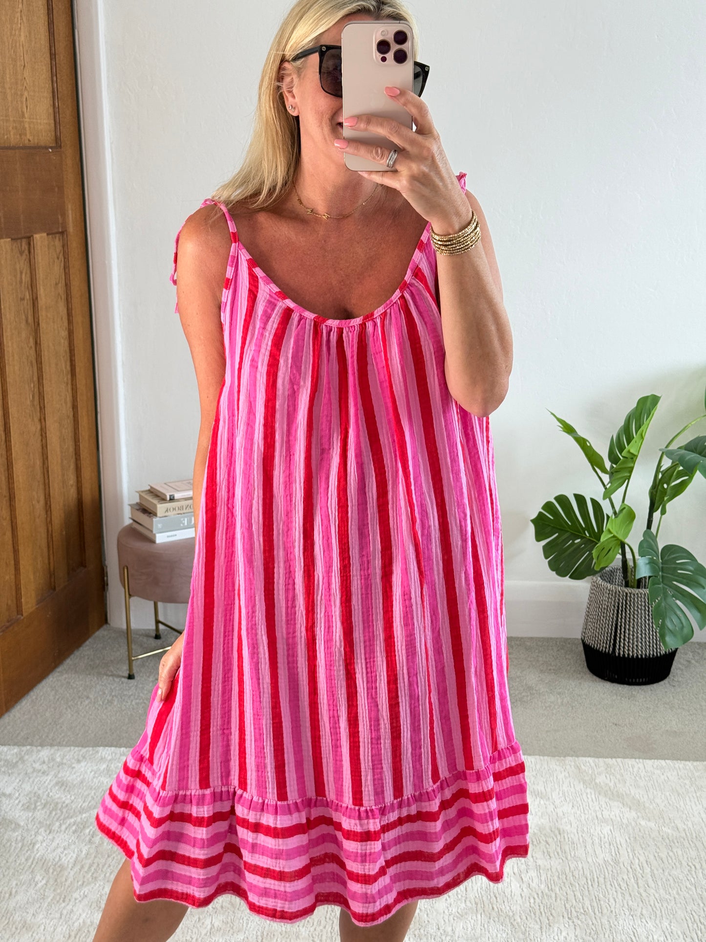 Red/Pink Cheesecloth Stripe Tie Shoulder Dress