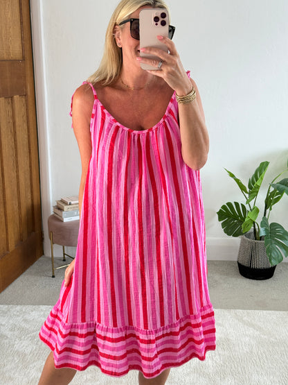 Red/Pink Cheesecloth Stripe Tie Shoulder Dress