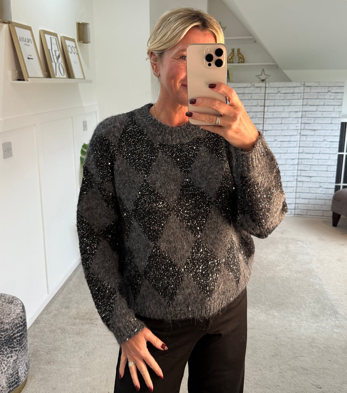 Grey Sequin Argyle Diamond Knit Jumper