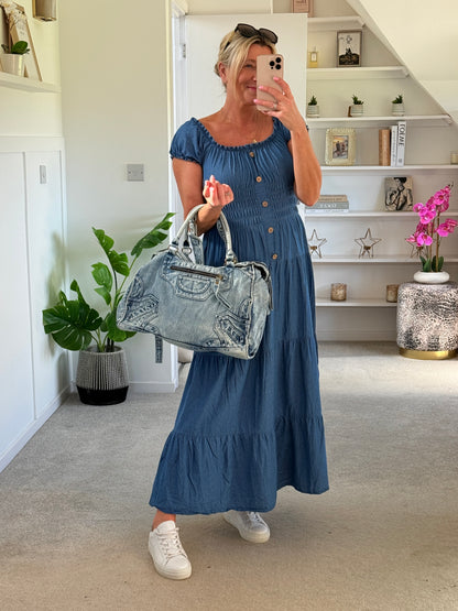 Blue Denim Bardot Tiered Maxi Dress