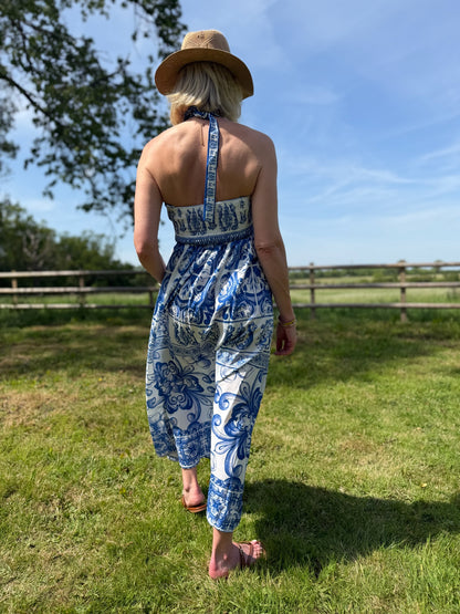 Blue Baroque Tie Strap Dress