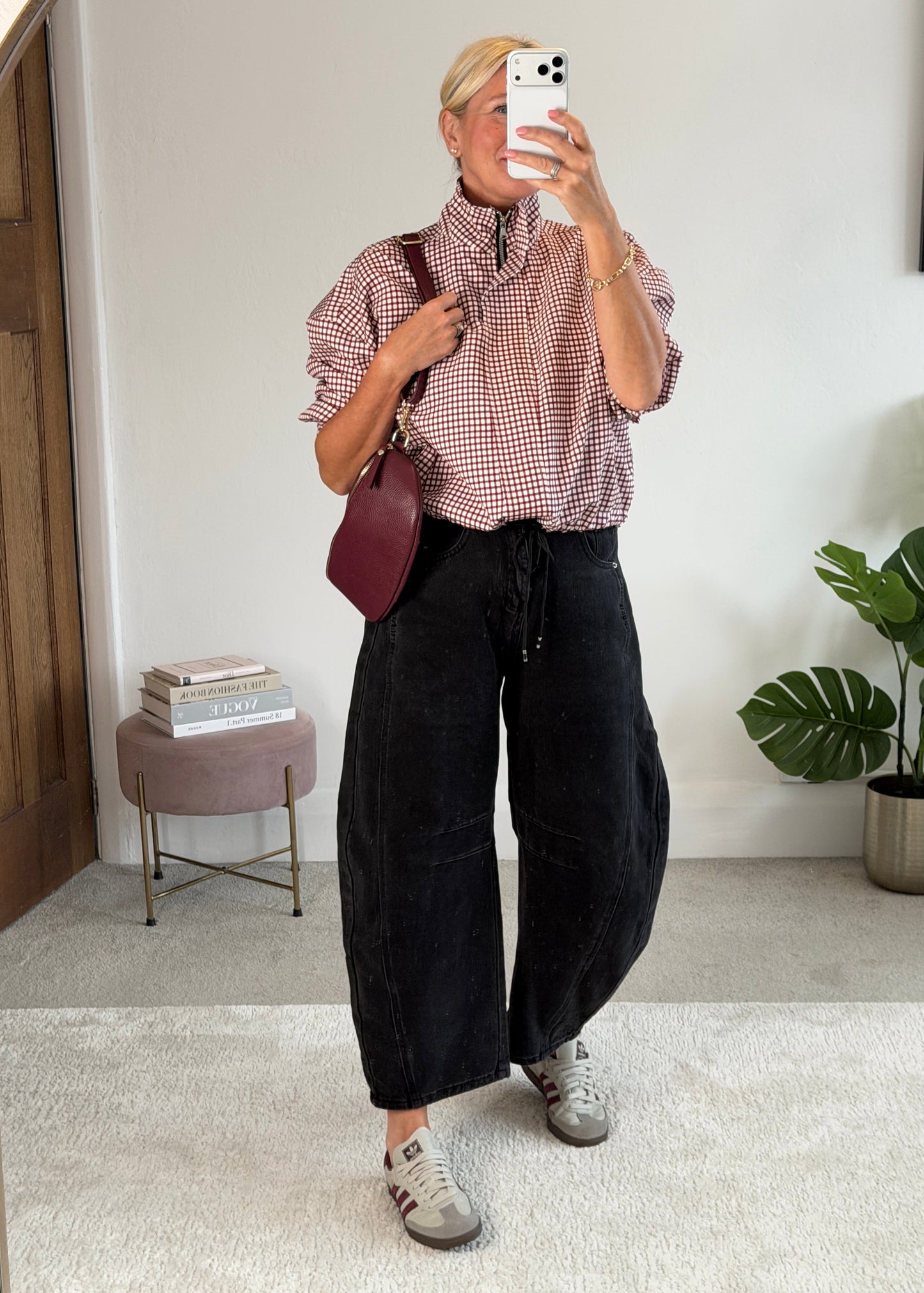 Burgundy Check Funnel Neck Jacket