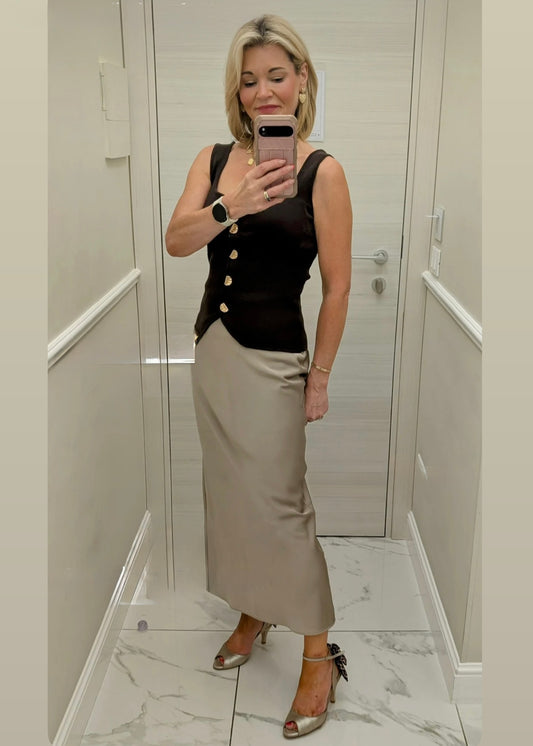 Chocolate Scoop Neck Gold Button Waistcoat
