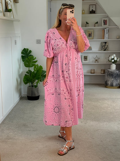 White Paisley Print Cheesecloth Midi Dress