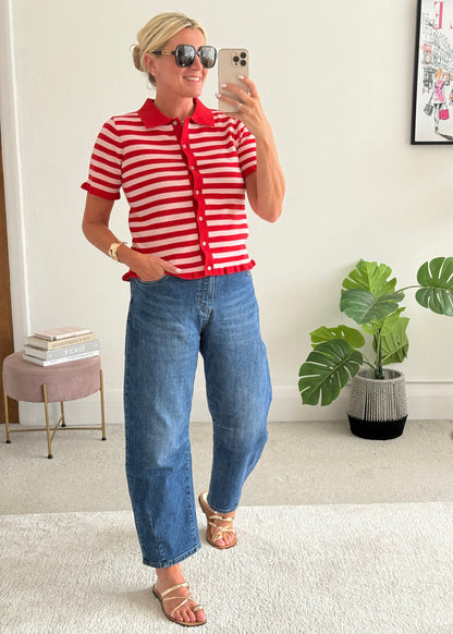 Pink/Red Stripe Knit Polo S/S Cardigan