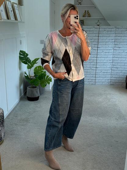 Oatmeal/Pink Argyle Crew Neck Cardigan