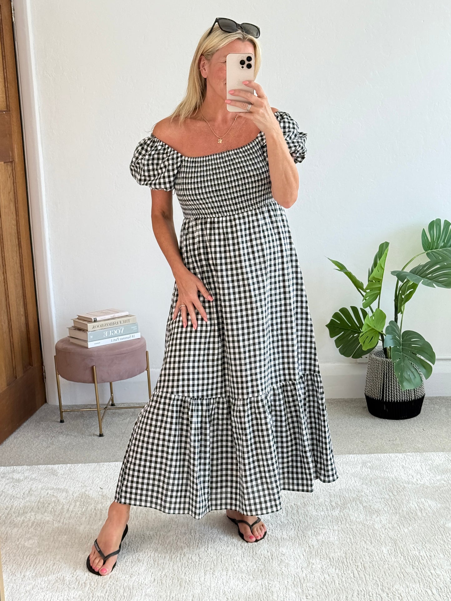 Black/White Gingham Bardot Maxi Dress
