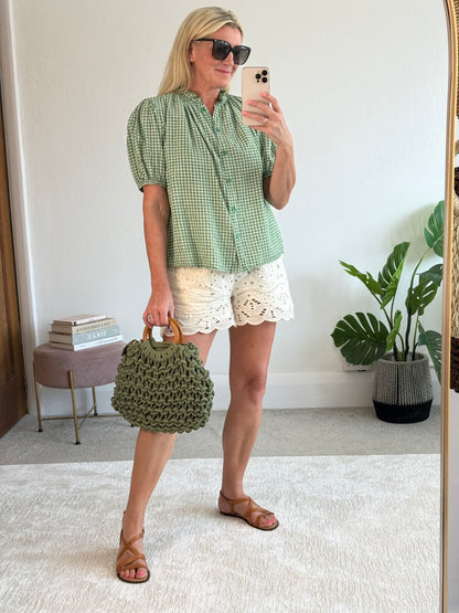 Khaki Gingham Frill Sleeve Blouse