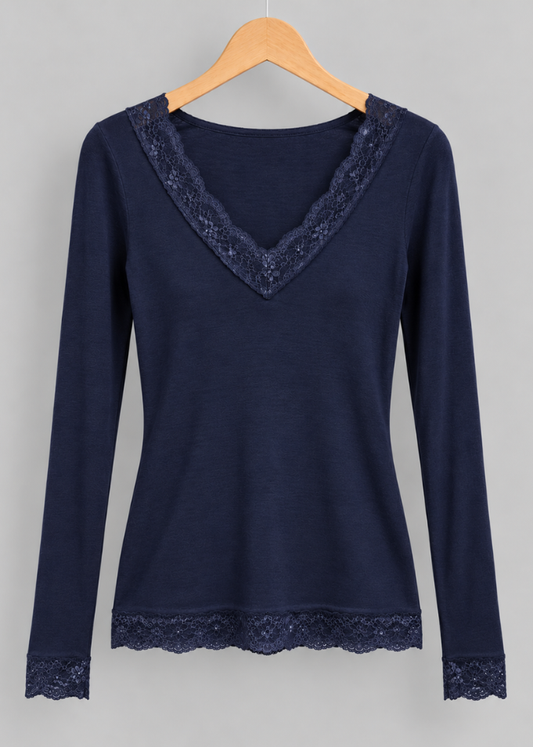 Navy Cashmere Mix Lace Trim Layering Top