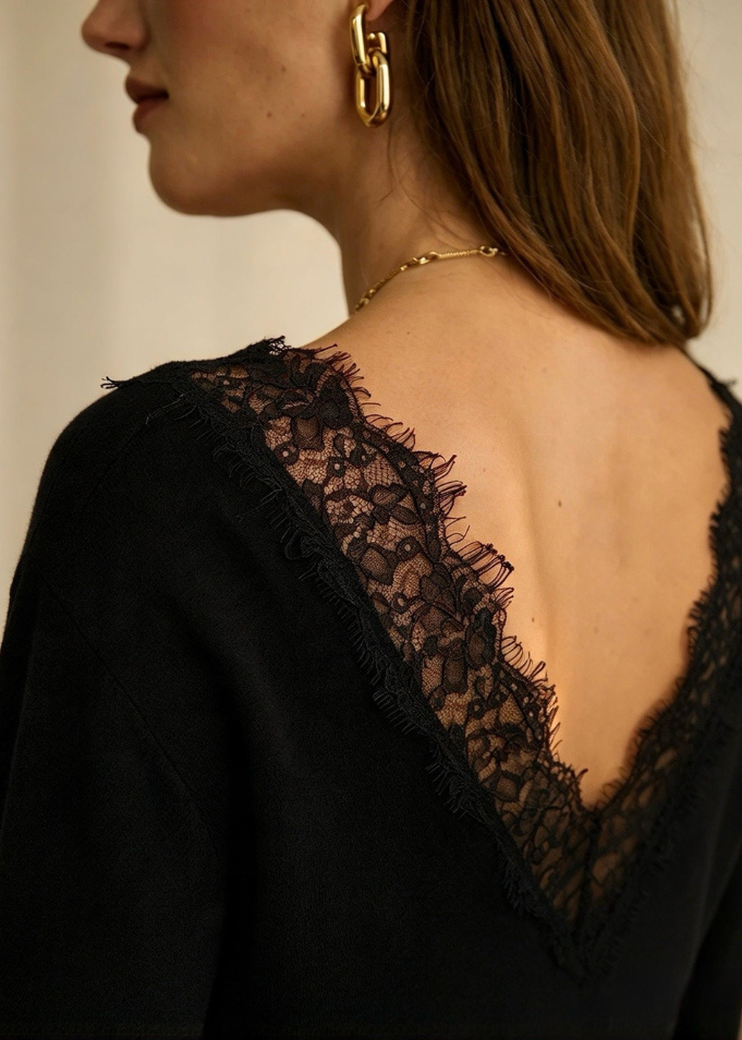 Black Reversible Lace V-Neck Jumper