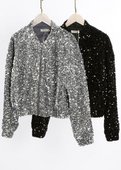 Black Sequin Bomber Jacket