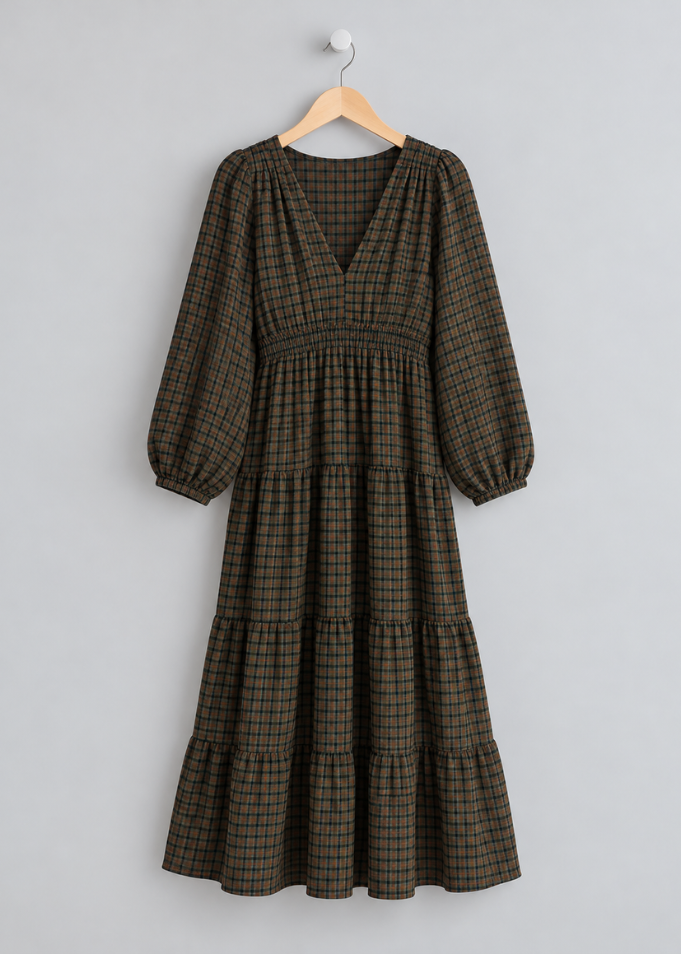 Navy Heritage Check V-Neck Tiered Dress