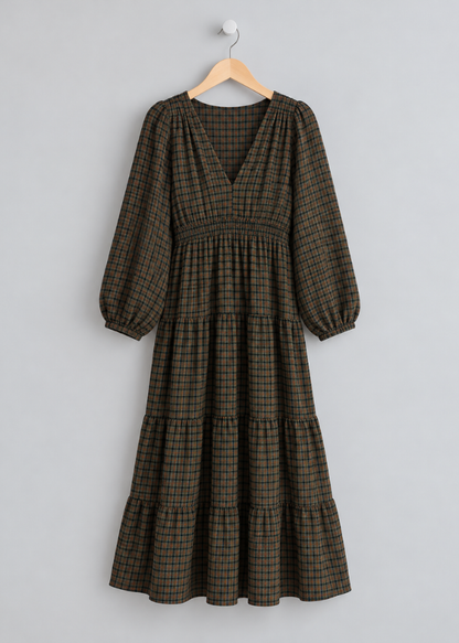 Navy Heritage Check V-Neck Tiered Dress
