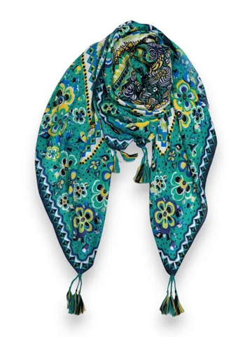 Jade Summer Flower Tassel Square Scarf