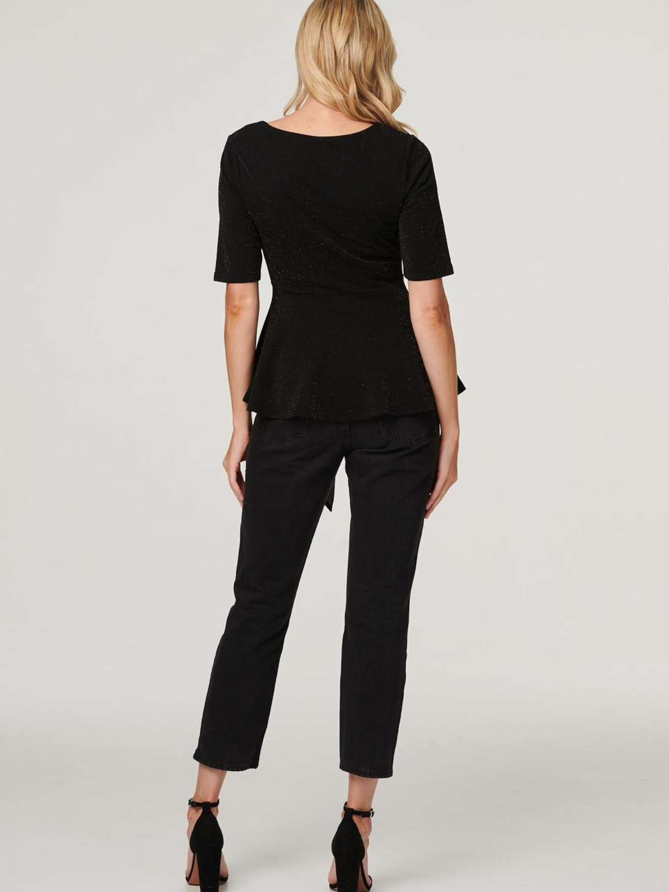 Black Sparkle Tie Waist Top