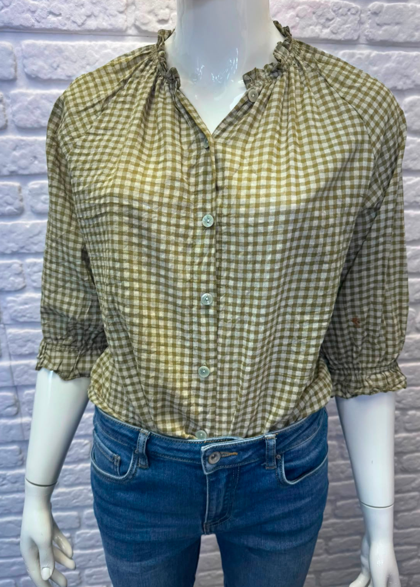 Navy Gingham 3/4 Sleeve Blouse