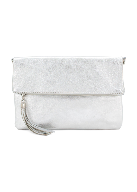 Silver Metallic Leather Fold-Over Clutch Bag