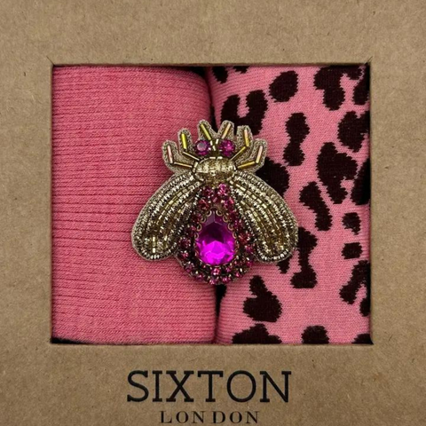 Pink Leopard  & Plain Sock Box Duo with Jewelled Bee Pin